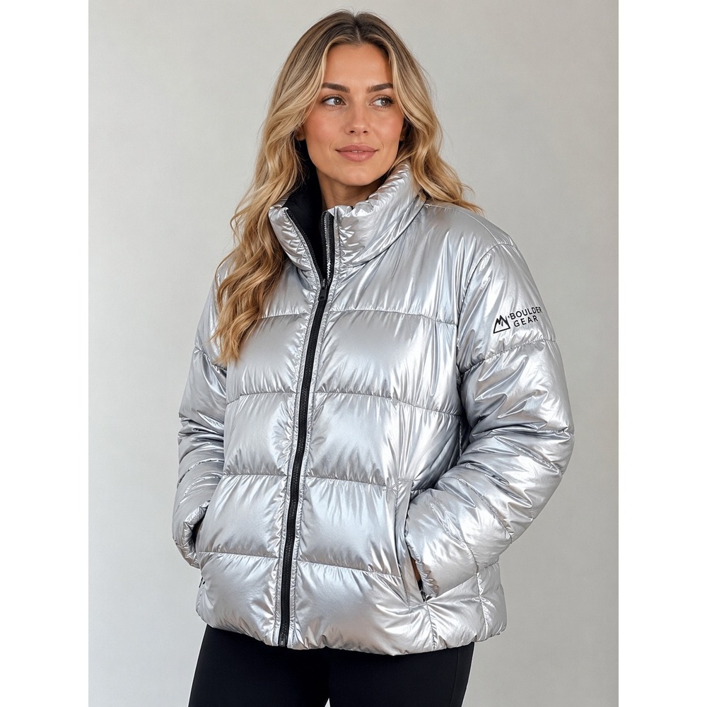 Boulder Gear Silver Metallic Puffer Jacket Faux Fur Lined Women's Large Coat - Picture 3 of 13